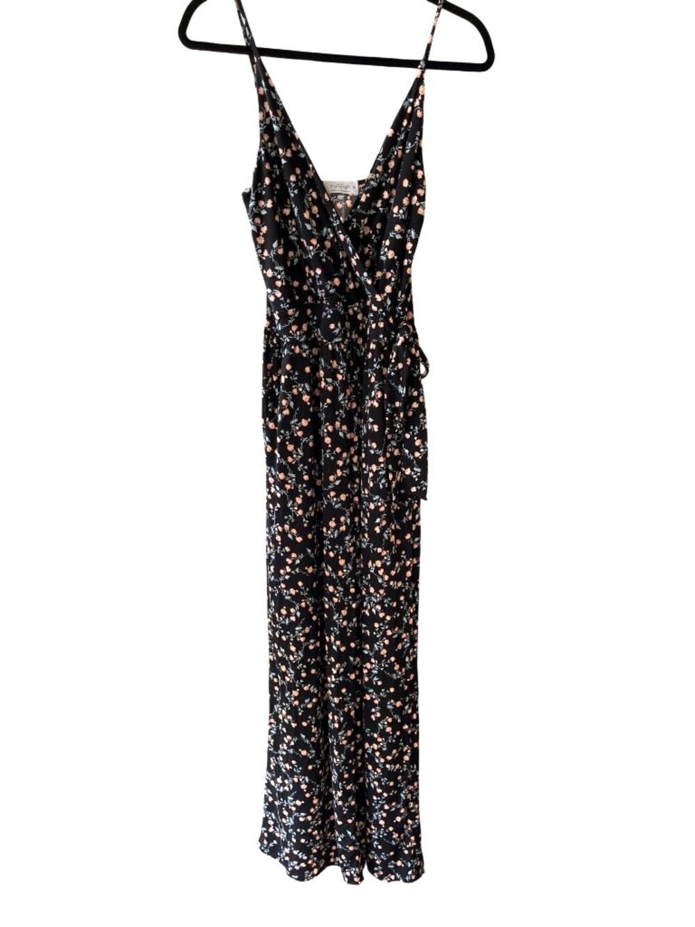 Kaileigh Black Floral Wide-Leg Wrap Jumpsuit With Adjustable Straps Size M